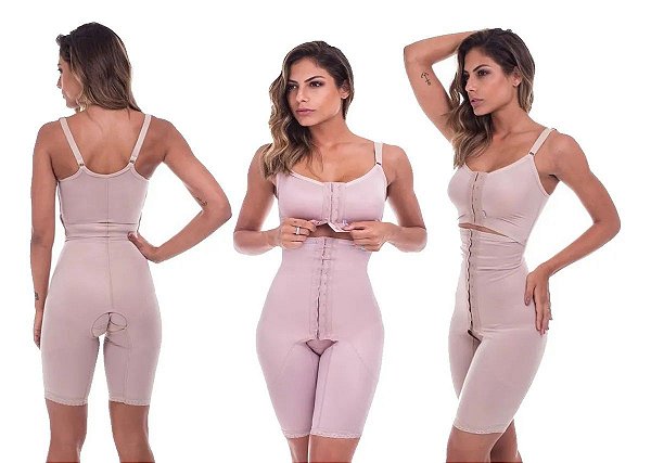 Cinta Macaquinho Body Pós Parto e Cirúrgico Prótese de Silicone Mamoplastia Abdominoplastia Lipoaspiração de Abdômen Flancos Culotes Coxas Subdividido Alta Compressão Com Alça Biobela 1626