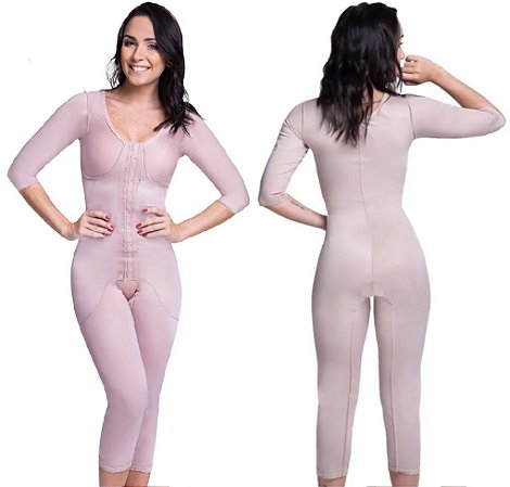 Body Fecho Frontal Cinta Pós Cirúrgica Operatório Abdominoplastia Lipoaspiração Abdômen Flancos Culotes Pernas Braços Com Manga Alta Compressão Body Completo Biobela 1642 - Original