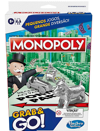 Monopoly Grab and Go, jogo de tabuleiro portátil em plástico com peças de casas e dinheiro