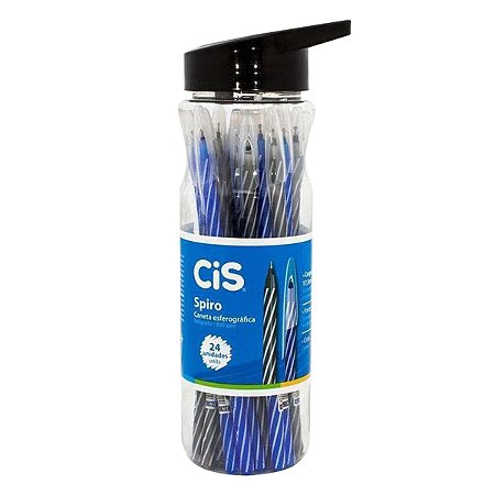 Caneta CIS Spiro Azul e Preta Garrafa Pote 24 Unidades