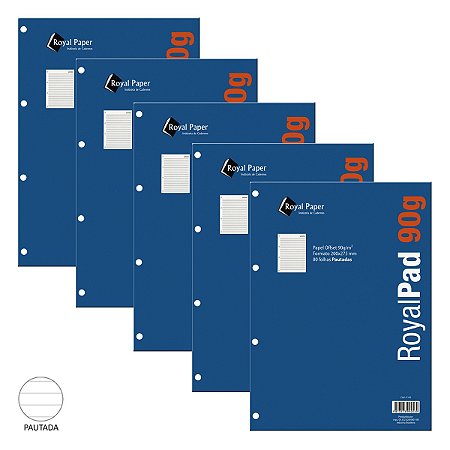 Kit 05 Blocos Refil de Fichário ROYAL PAPER Pautado - 80fls de 90g/m²