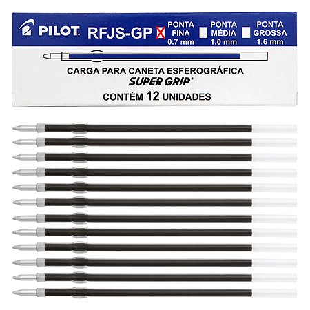 Caixa 12 Refil p/ Caneta Esferográfica PILOT Super Grip 0.7 mm Ponta Fina Carga ref RFJS-GP