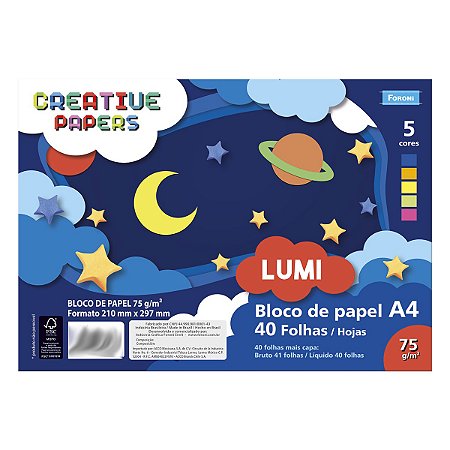 Bloco de papel colorido FORONI Creative Papers Lumi 40fls 75g 5 Cores