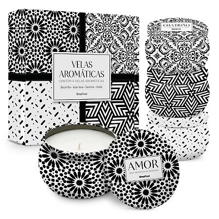 Kit 04 Velas Aromáticas Latinha Decorativa Brasfoot Geométrico