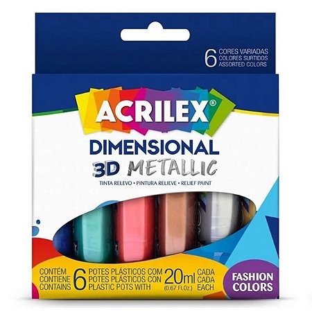 Tinta Dimensional Relevo 3D Metallic Tecido ACRILEX caixa c/ 06 cores