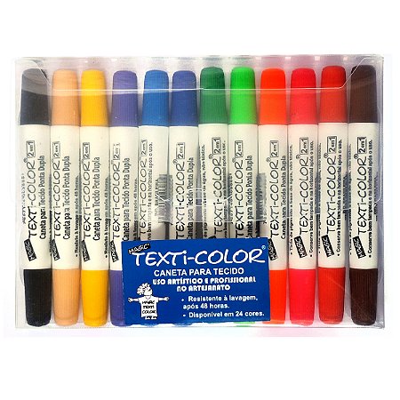 Kit 12 Canetas Tecido TEXTI-COLOR Ponta Dupla Ref. 475 Cores Básicas