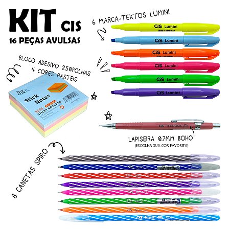 Kit Escolar CIS Escrita Colorida 16 peças Avulsas (8 spiro, 6 lumini, 1 boho, 1 stick note)