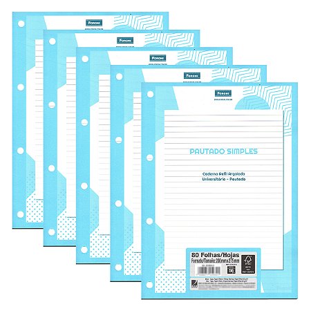 Kit 05 Refil Fichário Universitário FORONI Uni4 Pauta Básica - 400fls de 56g/m²