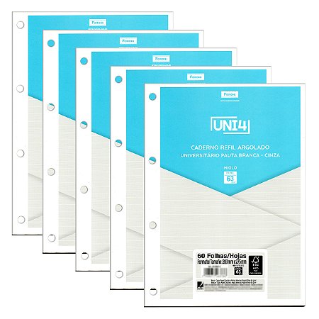 Kit 05 Blocos Refil Fichário Universitário FORONI Uni4 Cinza com Pauta Branca - 300fls de 63g/m²
