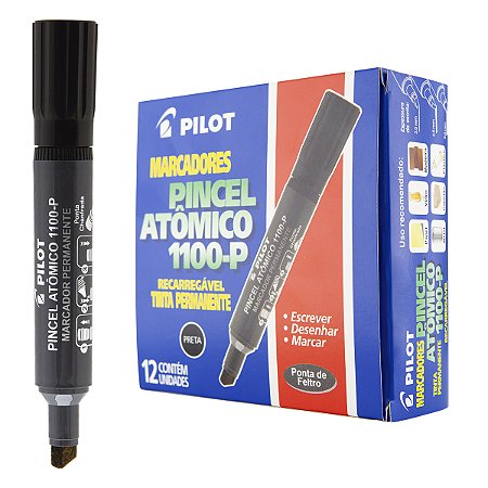 Caixa 12 Pincel Atômico PILOT Marcador Permanente 1100-P Chanfrado PRETO