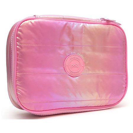 Estojo Box Puffer 100 Pen POLIBRAS Nylon Rosa Holográfico