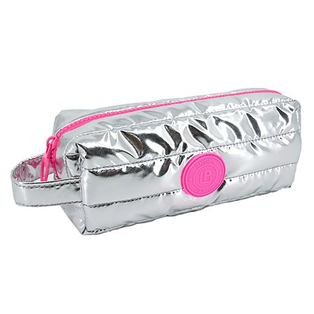 Estojo Puffer M Metalizado POLIBRAS Prata c/ Zíper Rosa Neon