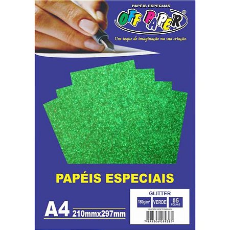 Papel Glitter A4 180g/m² Verde 5 Folhas Off Paper