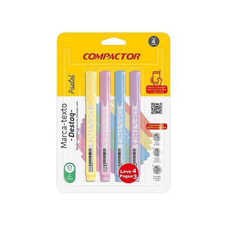 Kit Marca Texto Destaq 4 Cores Pastel Compactor