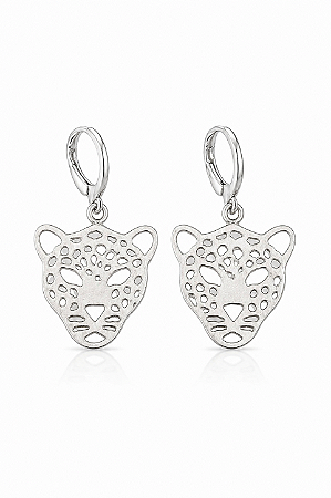 Brinco de Argola Fechada com Pingente de Onça Rhodium Branco