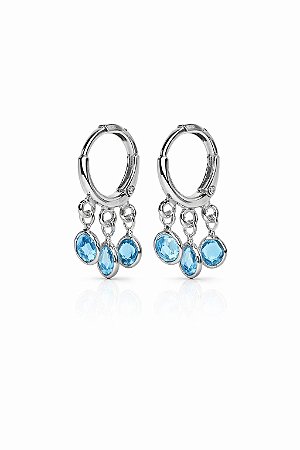Brinco Argola Clique Pingente Triplo Azul Rhodium Branco