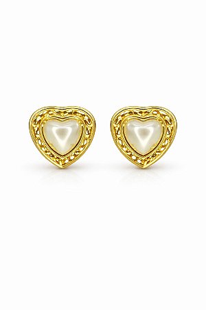 Brinco Coração Pérola Dourado Ouro 18k 2cm