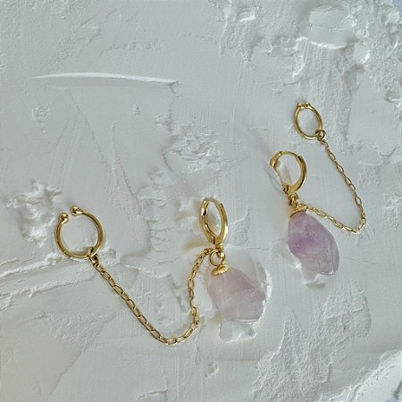 Brinco Argola Clique Ametista Natural com Piercing Fake