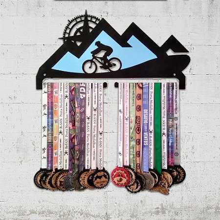 Porta Medalhas Mountain Bike preto e azul