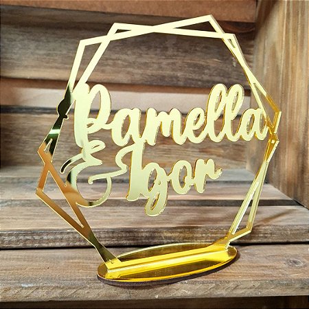 Topo De Bolo Acrílico Espelhado Hexagonal Casamento e 15 anos - MOD  002