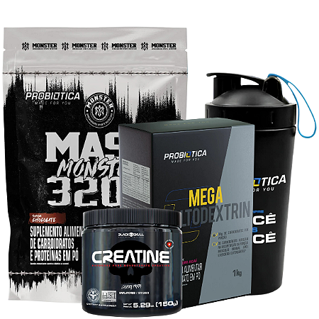 Hiper Monster 3kg + Creatina Blackskull 150g + Malto 1kg + Coqueteleira Inox