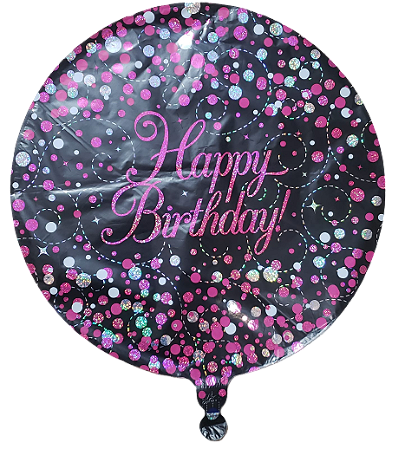 Balão metalizado redondo 18 polegadas - Happy Birthday Bolinhas Rosa e Prata