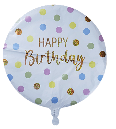 Balão metalizado redondo 18 polegadas - Happy Birthday Bolinhas Foscas