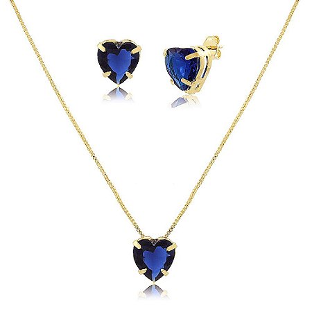 Conjunto de colar e brincos Coração de Zircônia Azul Montana Folheado a Ouro 18K