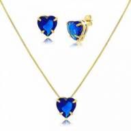 Conjunto de Coração de Zircônia Azul Safira Folheado a Ouro 18K