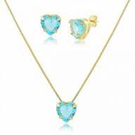 Conjunto de colar e brincos Coração de Zircônia Azul SKY Folheado a Ouro 18K