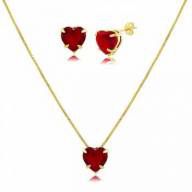 Conjunto de Coração de Zircônia Vermelho Rubi Folheado a Ouro 18K