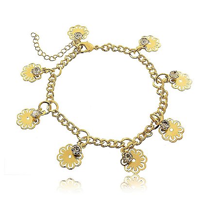 Pulseira De Flores Com Cristais Folheado A Ouro 18k