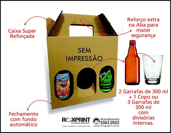 Kit com 100 Caixas para Cerveja Artesanal Modelo Pek3 para 3 Garrafas de 300 ou Latão de 475 ml