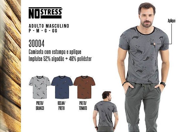 Camiseta Masculina No Stress c/ Estampa e Aplique