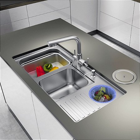 CUBA GOURMET DUPLA LUXO AÇO INOX 304 C/LIXEIRA E ACESSÓRIOS FUNZIONALE – 920x450x230 20229