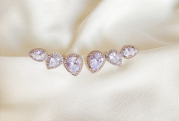 Brinco Ear Cuff Gotas Cristais Ouro Branco