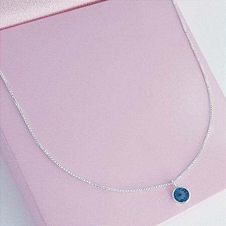 Colar com Pingente Zirconia Azul Redonda Prata 925