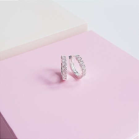 Argola Clique 11mm Cravejada Zirconias Prata 925