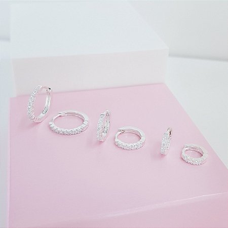 Trio Argolas Cravejadas Zirconias Prata 925