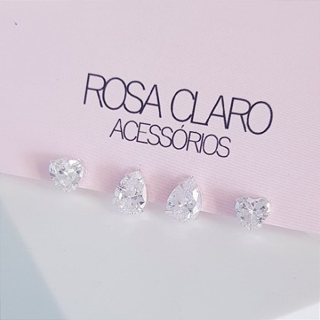 Kit Zirconias Coração e Gota Prata 925