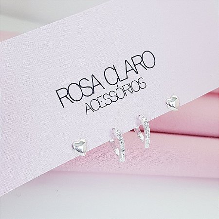 Kit Brincos Argola Cravejada Coração Boleado Prata 925