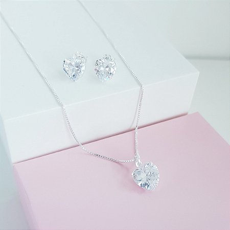Conjunto Colar e Brincos Zirconia Coração Prata 925