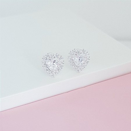 Brinco Zirconia Coração com Borda Cravejada Prata 925