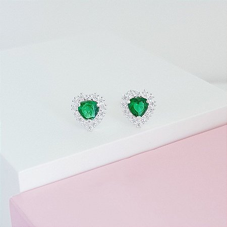 Brinco Zirconia Coração Verde com Borda Cravejada Prata 925