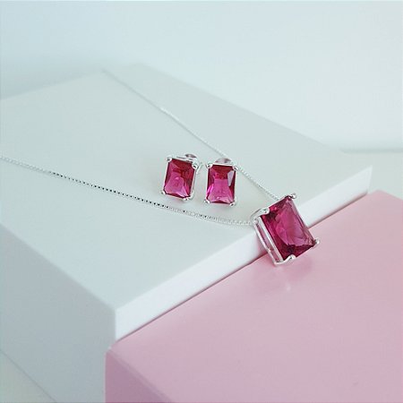 Conjunto Colar e Brincos Zirconia Rosa Escuro Retangular Prata 925