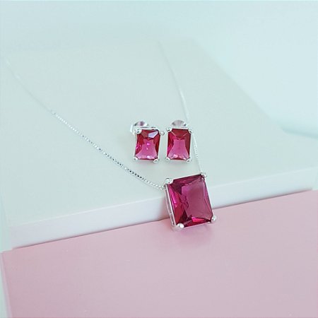 Conjunto Colar e Brincos Zirconia Rosa Escuro Retangular Prata 925