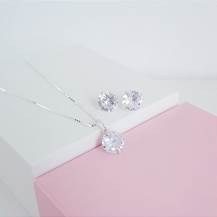 Conjunto Colar e Brincos Ponto de Luz 8mm Prata 925