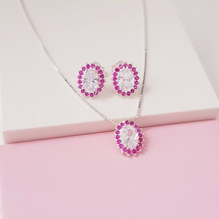 Conjunto Colar e Brinco Zirconia Cravejada Rose Prata 925