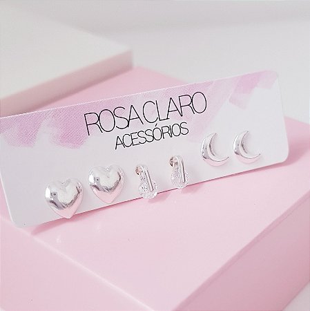 Kit Trio Coração Ponto de Luz e Lua Prata 925