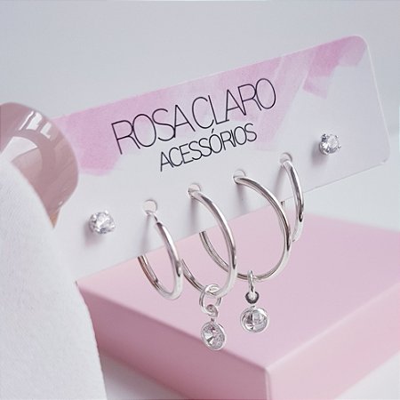 Kit de Brincos Argolas e Ponto de Luz Prata 925